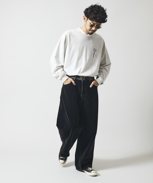 Firsthand(ファーストハンド)の「Firsthand/ファーストハンド フロッキーデニム切り替え ワイドストレートパンツ(デニムパンツ・メンズ・ブラック/ネイビー・M/L)」の16枚目の写真