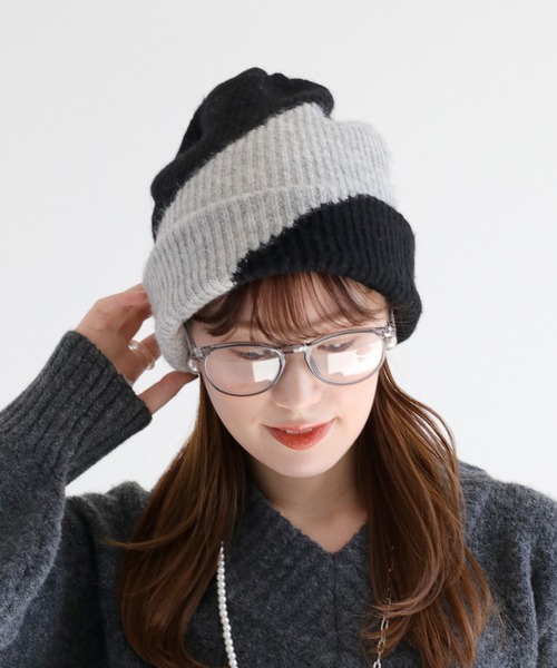 cepo（セポ）の「配色パターン ニット帽（ニットキャップ/ビーニー・レディース・ベージュ/ブラック・FREE）」の2枚目の写真