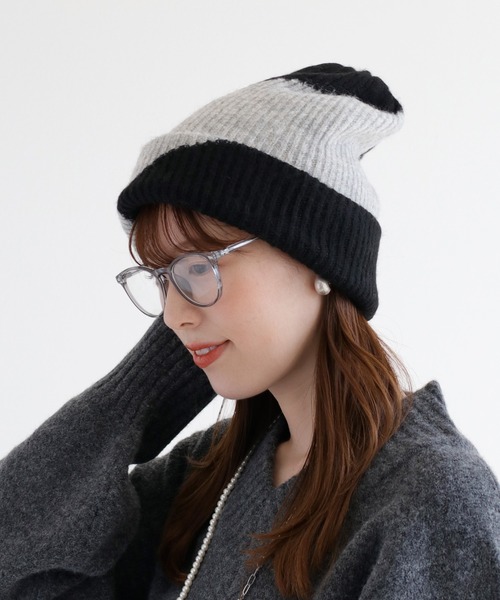 cepo（セポ）の「配色パターン ニット帽（ニットキャップ/ビーニー・レディース・ベージュ/ブラック・FREE）」の5枚目の写真
