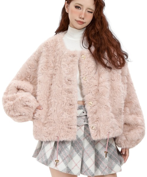 セール】【5色展開】裾ドロスト付きファーショートジャケット／ふわ