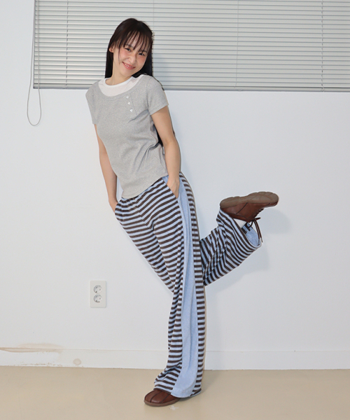 RONRON(ロンロン)の「TERRY STRIPED COMFY PANTS BLUE BROWN(スウェットパンツ・レディース・その他・FREE)」の2枚目の写真