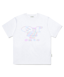 ESCAPEFROM（エスケープフロム）の「グラデーション ESCF ロゴ コラージュ プリント オーバーサイズ 半袖Tシャツ ホワイト（Tシャツ/カットソー）」