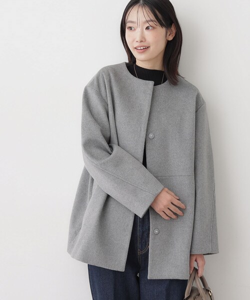セール】ウール混クルーネックコート（ノーカラーコート）｜Dessin
