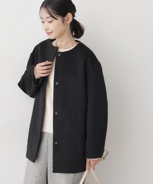 セール】ウール混クルーネックコート（ノーカラーコート）｜Dessin