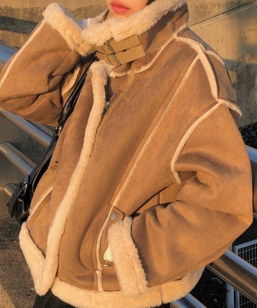 天然ムートンファー☆　4枚組　オレンジ系 ストラップ付きスエード調ファームートンジャケット（その他アウター