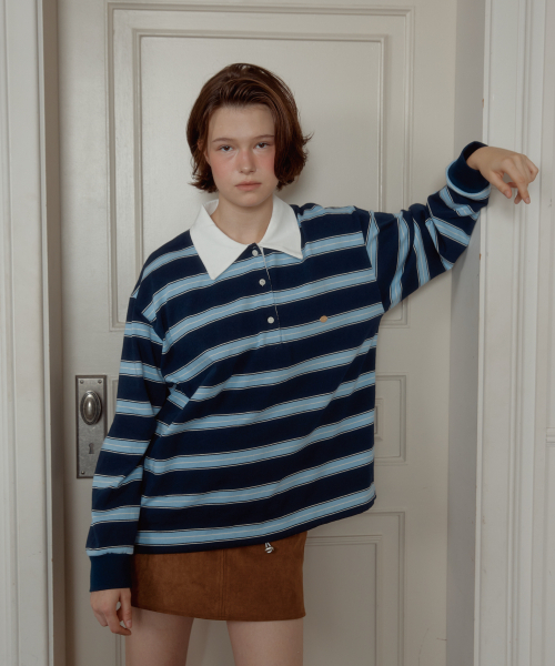 ANOETIC（アノエティック）の「WIDE STRIPE STRING RUGBY SWEATSHIRTS_NAVY（ポロシャツ・レディース・ネイビー・FREE）」の2枚目の写真