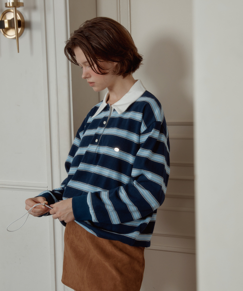 ANOETIC（アノエティック）の「WIDE STRIPE STRING RUGBY SWEATSHIRTS_NAVY（ポロシャツ・レディース・ネイビー・FREE）」の3枚目の写真