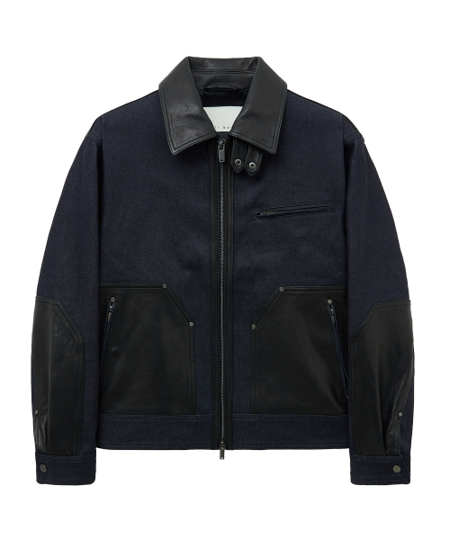 LEATHER MIX DENIM JACKET (DARK NAVY)
