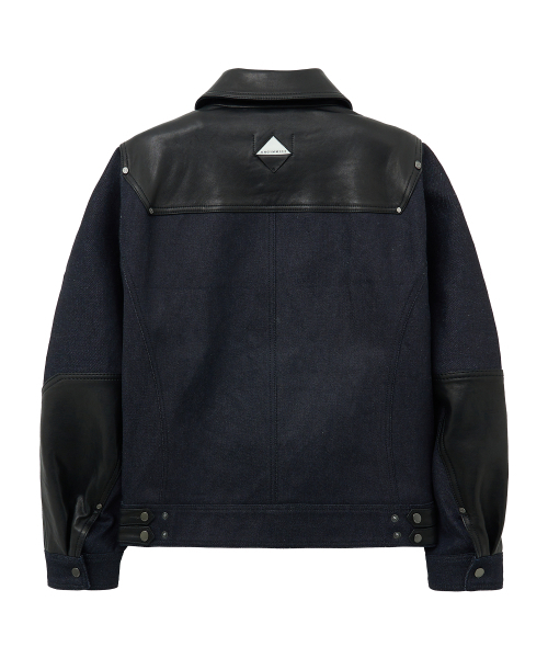 LEATHER MIX DENIM JACKET (DARK NAVY)