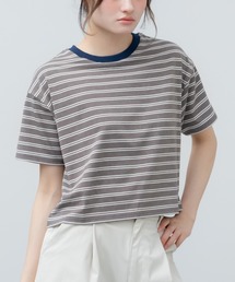クロップドマルチボーダーTシャツ / ブラック オフホワイト ブラウン 夏服 春服 韓国 マルチボーダー 柄 トップス クロップド丈 コンパクト 半袖 ノームコア シティーガール カットソー ボーダー