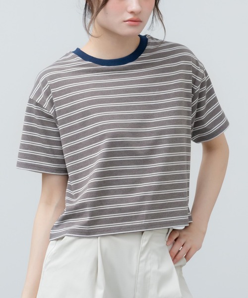 セール】クロップドマルチボーダーTシャツ / ブラック オフホワイト