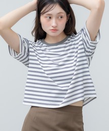 クロップドマルチボーダーTシャツ / ブラック オフホワイト ブラウン 夏服 春服 韓国 マルチボーダー 柄 トップス クロップド丈 コンパクト 半袖 ノームコア シティーガール カットソー ボーダー