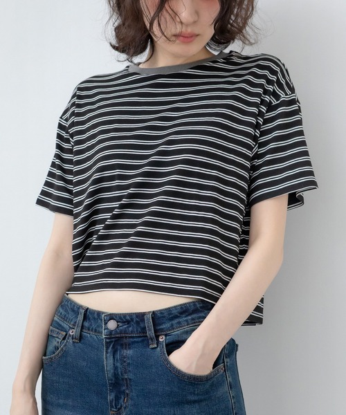 クロップドマルチボーダーTシャツ / ブラック オフホワイト ブラウン
