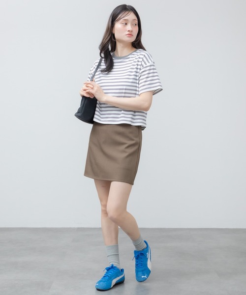 HEILIS(ヘイリス)の「クロップドマルチボーダーTシャツ / ブラック オフホワイト ブラウン 夏服 春服 韓国 マルチボーダー 柄 トップス クロップド丈 コンパクト 半袖 ノームコア シティーガール カットソー ボーダー(Tシャツ/カットソー・レディース・ブラック/ブラウン/オフホワイト・FREE)」の13枚目の写真