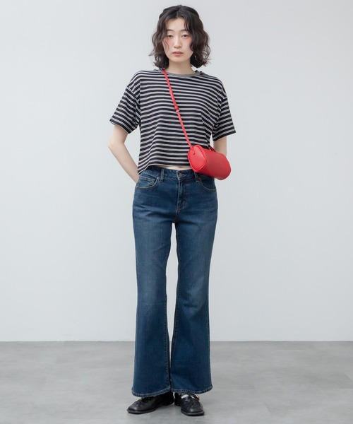 HEILIS(ヘイリス)の「クロップドマルチボーダーTシャツ / ブラック オフホワイト ブラウン 夏服 春服 韓国 マルチボーダー 柄 トップス クロップド丈 コンパクト 半袖 ノームコア シティーガール カットソー ボーダー(Tシャツ/カットソー・レディース・ブラック/ブラウン/オフホワイト・FREE)」の21枚目の写真