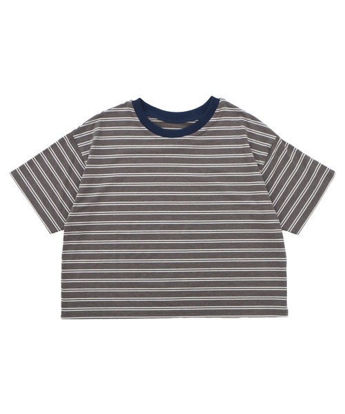 HEILIS(ヘイリス)の「クロップドマルチボーダーTシャツ / ブラック オフホワイト ブラウン 夏服 春服 韓国 マルチボーダー 柄 トップス クロップド丈 コンパクト 半袖 ノームコア シティーガール カットソー ボーダー(Tシャツ/カットソー・レディース・ブラック/ブラウン/オフホワイト・FREE)」の5枚目の写真