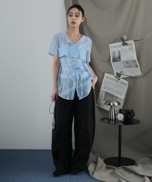シャツ/ブラウス(半袖/袖なし) ameri SHEER FLOWERBASE PRINT TOP 2枚セット シアー半袖ブラウス×キャミソール（シャツ/ブラウス