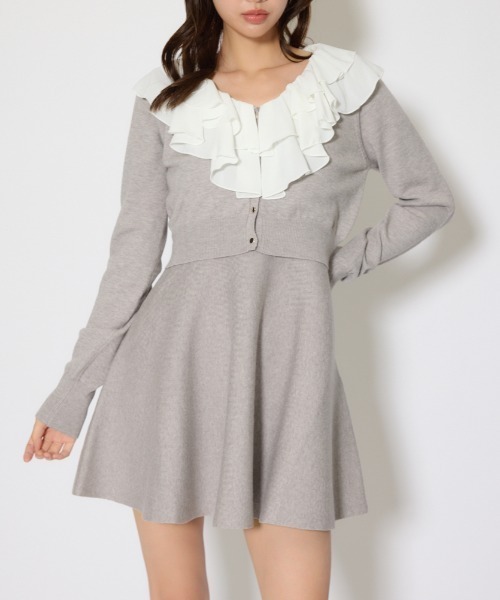 rienda(リエンダ)の「フリルカラーニットカーディガンセットワンピース 春服(シャツワンピース・レディース・ピンク/グレー/ブラック・FREE)」の1枚目の写真