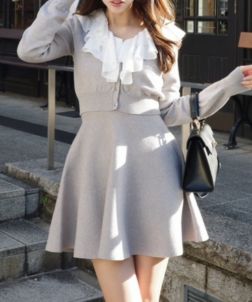 フリルカラーニットカーディガンセットワンピース 春服（シャツ