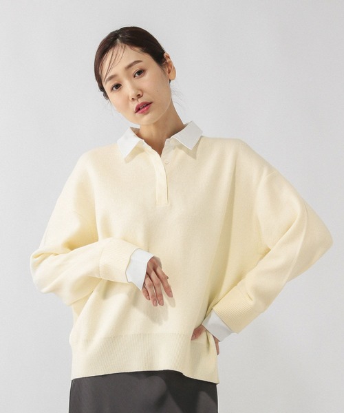 GLOBAL WORK（グローバルワーク）の「シャツカラードッキングニット/640405（ニット/セーター・レディース・ライトグレー/オフホワイト・MEDIUM/LARGE）」の5枚目の写真