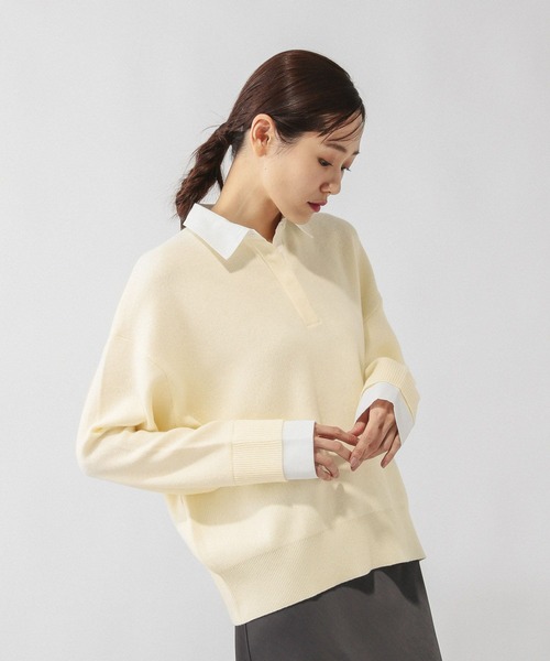 GLOBAL WORK（グローバルワーク）の「シャツカラードッキングニット/640405（ニット/セーター・レディース・ライトグレー/オフホワイト・MEDIUM/LARGE）」の6枚目の写真