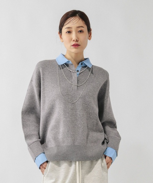 GLOBAL WORK（グローバルワーク）の「シャツカラードッキングニット/640405（ニット/セーター・レディース・ライトグレー/オフホワイト・MEDIUM/LARGE）」の10枚目の写真