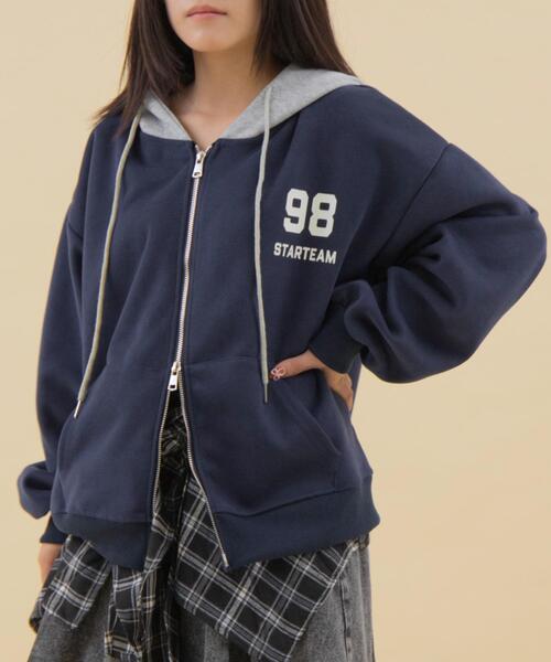 WOND（ウォンド）の「WOND/【26年春夏新作】バイカラーナンバリングジップパーカー（パーカー・レディース・杢グレー/ネイビー・FREE）」の2枚目の写真