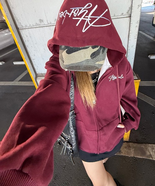 non-hedge（ノンヘッジ）の「フードロゴビッグジップアップパーカー（パーカー・レディース・ワインレッド/ネイビー/ブラック/オフホワイト/グレー・FREE）」の5枚目の写真