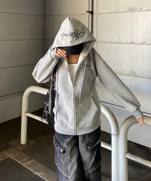 non-hedge（ノンヘッジ）の「フードロゴビッグジップアップパーカー（パーカー・レディース・ワインレッド/ネイビー/ブラック/オフホワイト/グレー・FREE）」の9枚目の写真