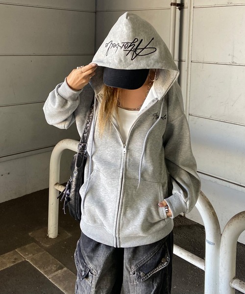 non-hedge（ノンヘッジ）の「フードロゴビッグジップアップパーカー（パーカー・レディース・ワインレッド/ネイビー/ブラック/オフホワイト/グレー・FREE）」の10枚目の写真