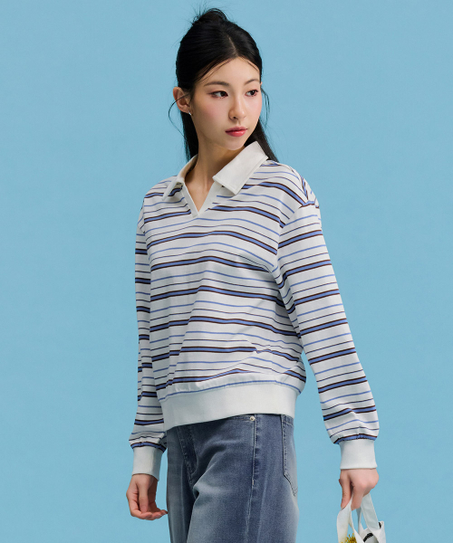 CHASECULT（チェイスカルト）の「レディースストライプオープンカラーTシャツ-FARG5166B0A（ポロシャツ・レディース・アイボリー・85/90）」の2枚目の写真