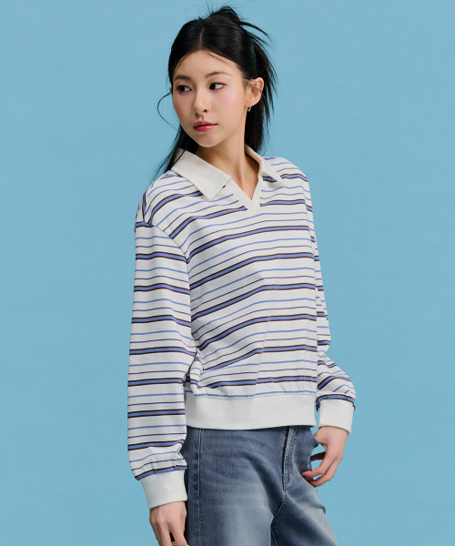 CHASECULT（チェイスカルト）の「レディースストライプオープンカラーTシャツ-FARG5166B0A（ポロシャツ・レディース・アイボリー・85/90）」の3枚目の写真