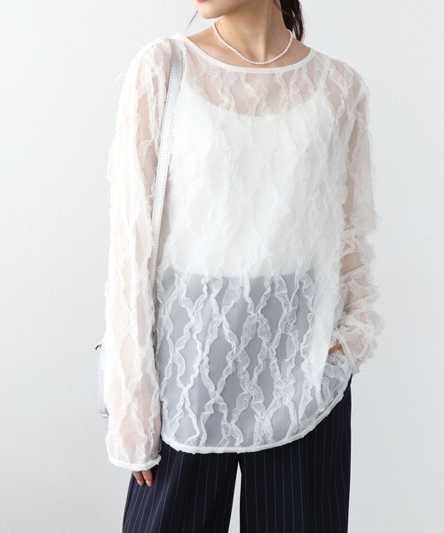 Jines（ジネス）の「チュールフリルトップス（Tシャツ/カットソー・レディース・ホワイト/ピンク/ブラック・38）」の2枚目の写真