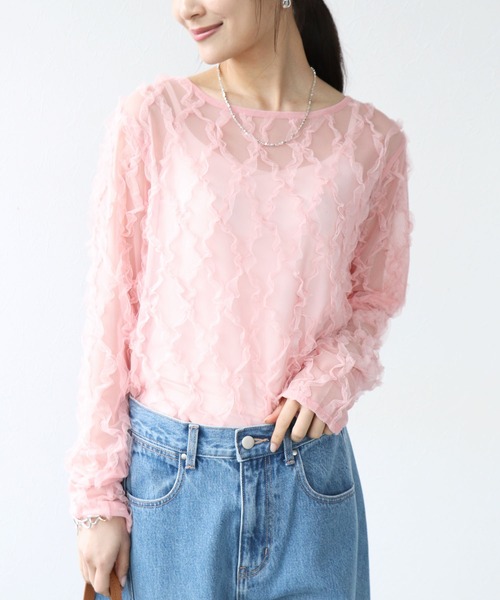 Jines（ジネス）の「チュールフリルトップス（Tシャツ/カットソー・レディース・ホワイト/ピンク/ブラック・38）」の3枚目の写真