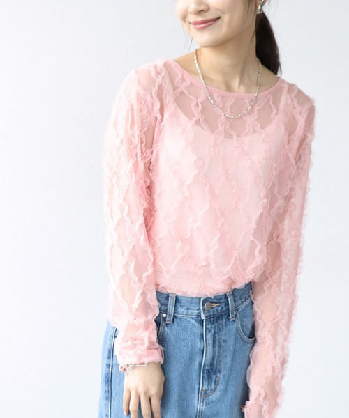 Jines（ジネス）の「チュールフリルトップス（Tシャツ/カットソー・レディース・ホワイト/ピンク/ブラック・38）」の8枚目の写真