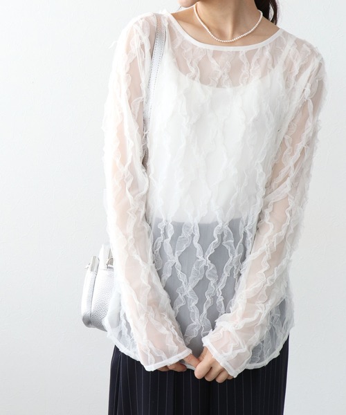Jines（ジネス）の「チュールフリルトップス（Tシャツ/カットソー・レディース・ホワイト/ピンク/ブラック・38）」の11枚目の写真