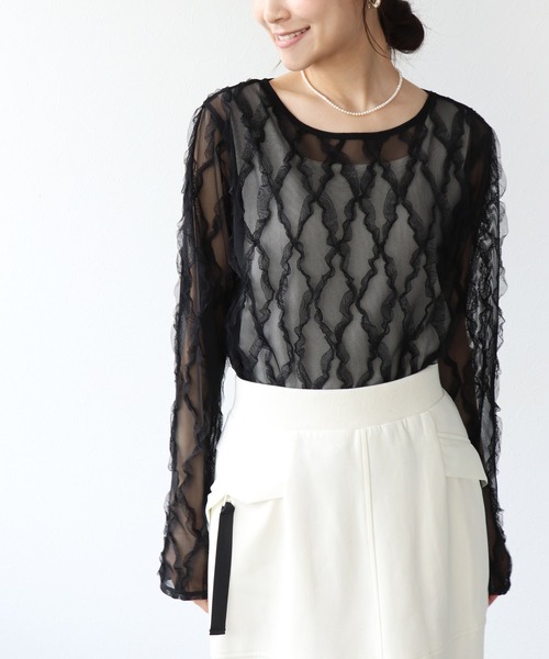 Jines（ジネス）の「チュールフリルトップス（Tシャツ/カットソー・レディース・ホワイト/ピンク/ブラック・38）」の13枚目の写真