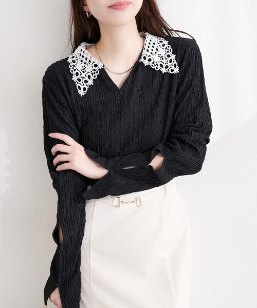 natural couture（ナチュラルクチュール）の「レース衿ロンT（ニット/セーター・レディース・ブラック/ライトベージュ/サックスブルー/ネイビー・FREE）」の7枚目の写真