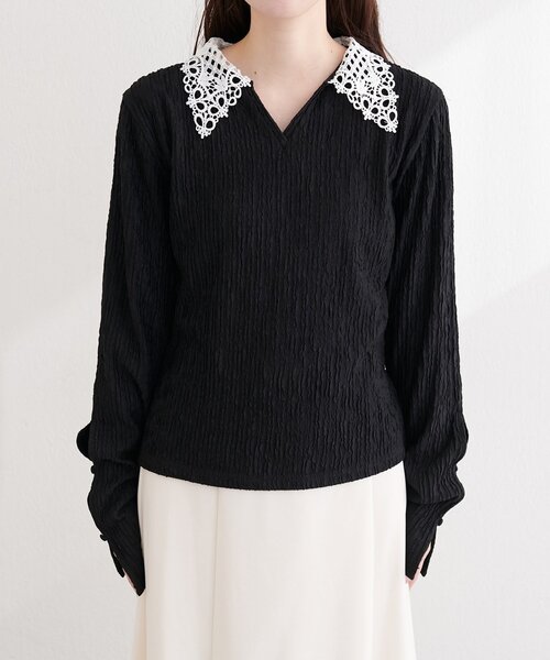 natural couture（ナチュラルクチュール）の「レース衿ロンT（ニット/セーター・レディース・ブラック/ライトベージュ/サックスブルー/ネイビー・FREE）」の9枚目の写真