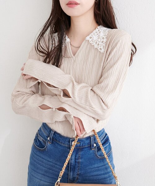 natural couture（ナチュラルクチュール）の「レース衿ロンT（ニット/セーター・レディース・ブラック/ライトベージュ/サックスブルー/ネイビー・FREE）」の22枚目の写真