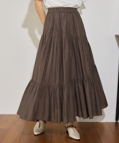mysty woman（ミスティウーマン）の「リネンMIXギャザースカート 666528（スカート・レディース・ブラウン/オフホワイト/ブラック・FREE）」の3枚目の写真