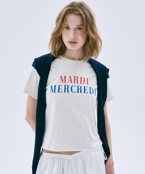 Mardi Mercredi(マルディメクルディ)の「SLIM TSHIRT LA TYPO FRANCAISE / スリム Tシャツ ラ タイポ フランセーズ(Tシャツ/カットソー・レディース・ネイビー/クリーム/レッド・FREE)」の4枚目の写真