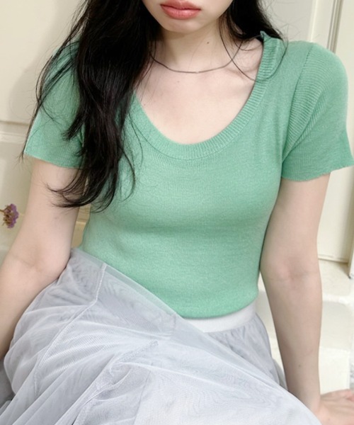 Ada.(エイダ)の「Uネック 半袖 コンパクト サマー ニット(ニット/セーター・レディース・グリーン/ホワイト/オレンジ/チャコール・FREE)」の21枚目の写真