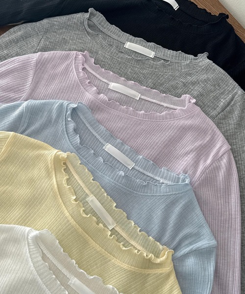 by muni:r（バイ ムニール）の「[着用動画あり・選べる6色] ベーシックスリムウェーブTシャツ（Tシャツ/カットソー・レディース・スカイブルー/ブラック/アイボリー/グレー/イエロー/ラベンダー・FREE）」の2枚目の写真