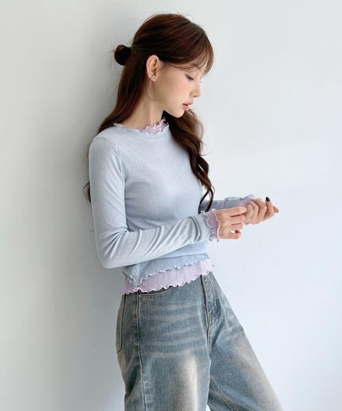 by muni:r（バイ ムニール）の「[着用動画あり・選べる6色] ベーシックスリムウェーブTシャツ（Tシャツ/カットソー・レディース・スカイブルー/ブラック/アイボリー/グレー/イエロー/ラベンダー・FREE）」の12枚目の写真