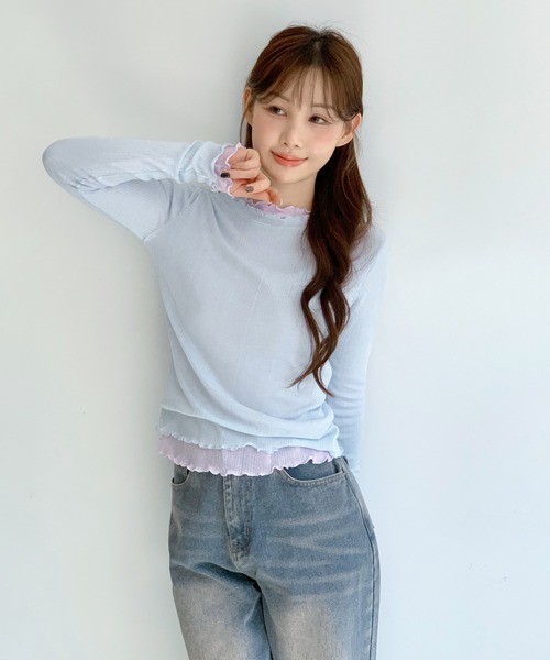 by muni:r（バイ ムニール）の「[着用動画あり・選べる6色] ベーシックスリムウェーブTシャツ（Tシャツ/カットソー・レディース・スカイブルー/ブラック/アイボリー/グレー/イエロー/ラベンダー・FREE）」の11枚目の写真