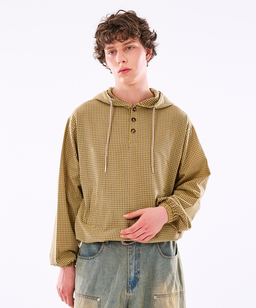 WISH FOR EVER(ウィッシュフォーエバー)の「【 3color / 3size 】DRAW CODE HENRY BUTTON SHIRT HOODIE /ドローコードヘンリーボタンシャツフーディ(シャツ/ブラウス・メンズ・イエロー/ネイビー/ブルー・SMALL/LARGE/MEDIUM)」の3枚目の写真