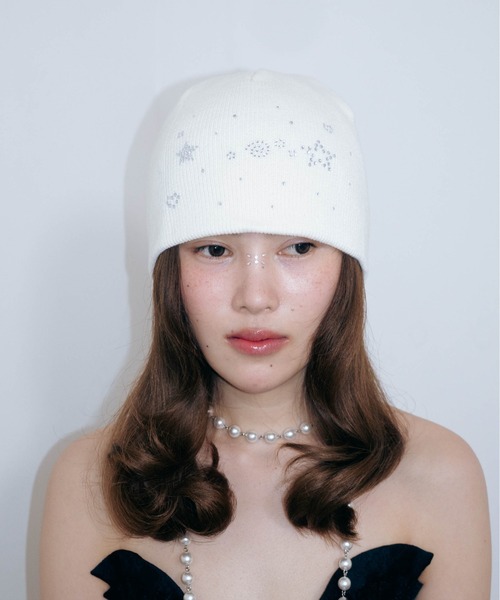 Stone Motif Beanie (white/l.gray/black)/ モチーフラインストーン
