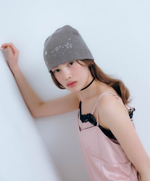 Stone Motif Beanie (white/l.gray/black)/ モチーフラインストーン