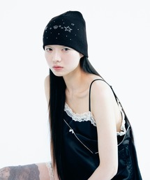 Carmelo（カーメロ）の「Stone Motif Beanie (white/l.gray/black)/ モチーフラインストーンニット帽（ニットキャップ/ビーニー）」